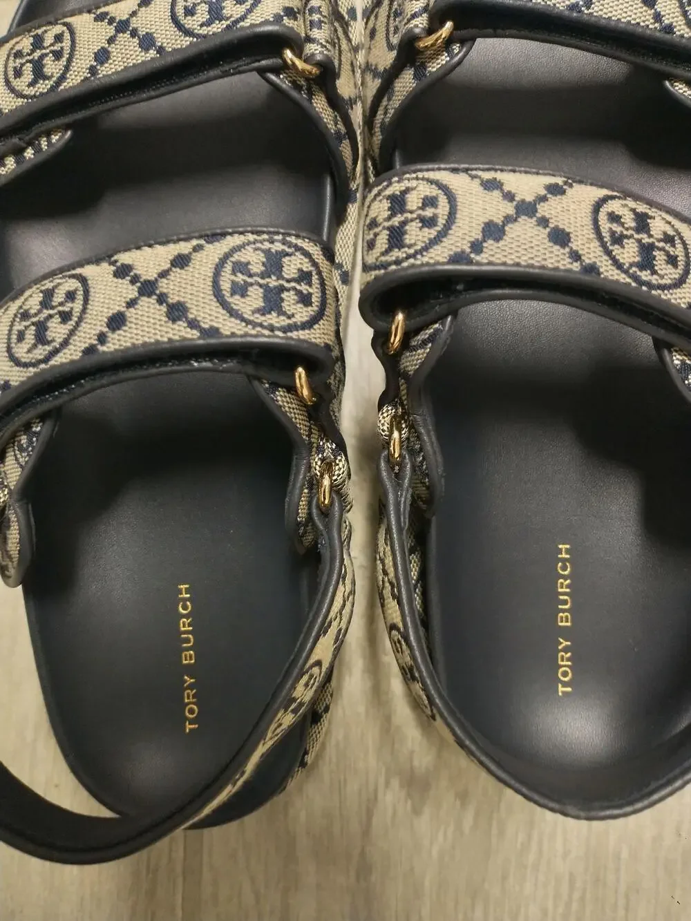 Tory Burch T Monogram Kira Sport Sandals Womens 10 Blue Jacquard Leather